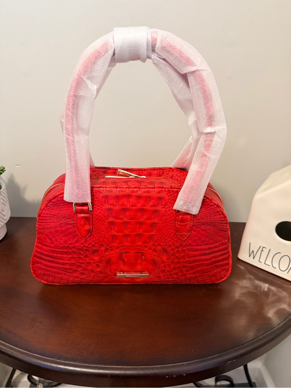 Brahmin Red Angie Croc-Embossed Dome Satchel in Salsa Alden Road.
